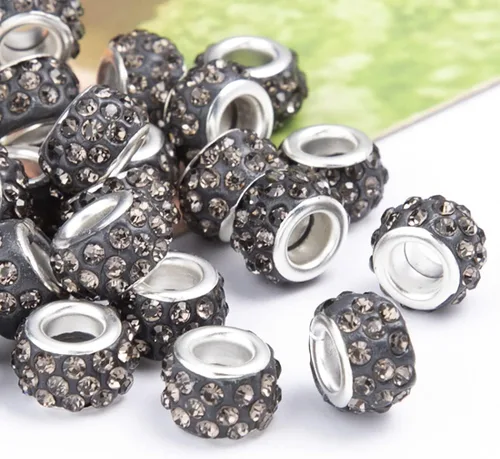 Miniatura 17 de Decoendiy 100 cuentas europeas de diamantes de imitación, cuentas espaciadoras de diamantes de imitación de agujero grande, cuentas planas redondas