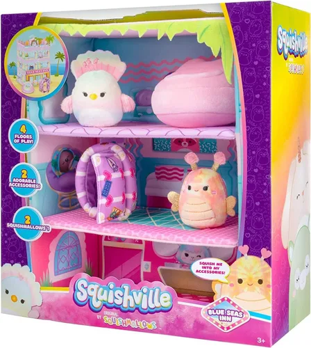 Squishville de Original Squishmallows Blue Seas Inn - Incluye dos Squishmallows de 5 cm, maleta, tumbona y gran escenario de juego - Exclusivo de