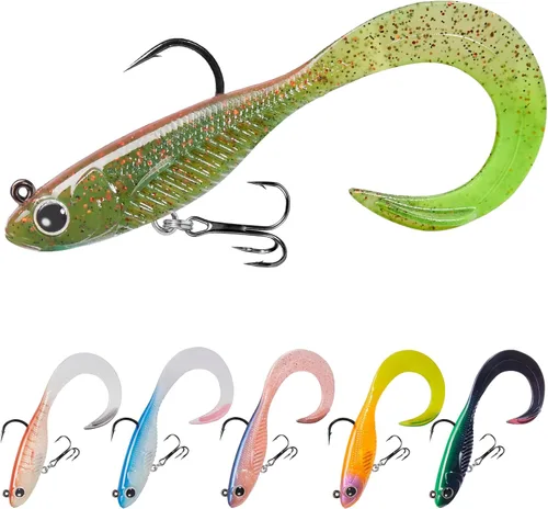 Miniatura 10 de TRUSCEND Duramax TPE Soft Fishing Lures with BKK Hooks, Easy Catch Curly & T-Tail for Trembly Sinking & Vibrating Swim, UV or Glow Effect for All