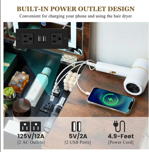 Miniatura 5 de Tocador Pequeño, Tocador Compacto para Niñas con Taburete y Toma de Corriente, Escritorio de Maquillaje con Espejo y Luz LED, Mesa de Tocador