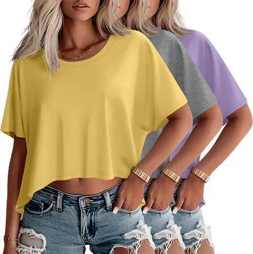 Miniatura 26 de Huukeay Paquete de 3 camisetas recortadas de gran tamaño para mujer, manga corta, holgadas, cuello redondo, holgadas, para entrenamiento