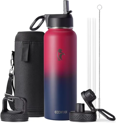 Miniatura 30 de Coolflask Botella de agua de 20 onzas aislada con pajilla, 3 tapas de metal de acero inoxidable, botella de agua de boca ancha para deportes u