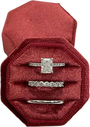 Caja para anillos de compromiso de alta calidad, 3 ranuras, octágono, joyero, anillo de terciopelo vintage, caja de joyería para compromiso y