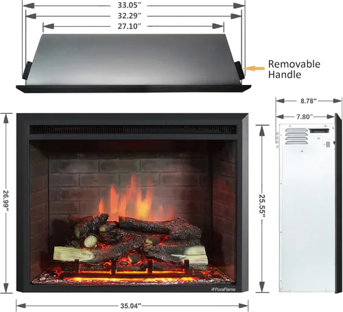 Miniatura 2 de PuraFlame Western Electric Inserto de Chimenea Eléctrica con Sonido Crepitante de Fuego, Control Remoto, 750/1500W, Negro, 33 1/16 Pulgadas