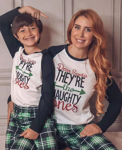 Miniatura 5 de IFFEI - Conjunto de pijamas familiares de Navidad con estampado de letras, ropa de dormir a cuadros