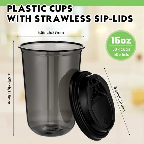 Miniatura 3 de Baderke Juego de 50 vasos de plástico negros con tapas, tazas de café helado con tapas, vasos de plástico desechables para bebidas frías, tapa