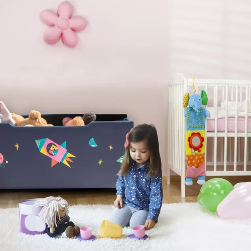 Miniatura 8 de HONEY JOY Caja de juguetes de madera para niños, baúl grande 2 en 1 de almacenamiento de juguetes con asiento acolchado acolchado, asas de Azul