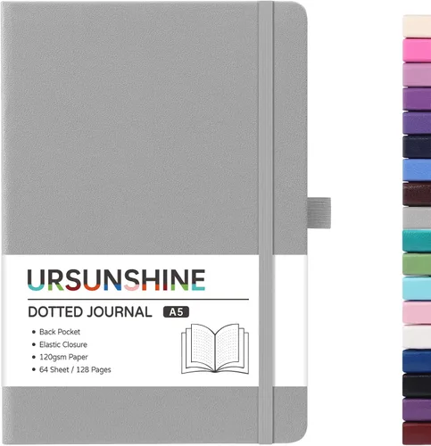 Miniatura 33 de Cuaderno punteado, diario, 5.3 x 8.26 pulgadas, tapa dura, prémium, papel grueso, doble espiral, bandas, cuero negro sintético, lazo para bolígrafo