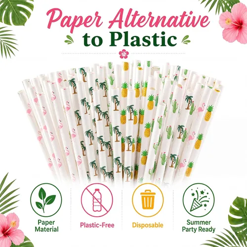 Miniatura 8 de ALINK Paquete de 100 pajitas de papel tropicales – Pajitas biodegradables de 7.75 pulgadas para fiesta de Hawaii con diseños de flamenco, piña