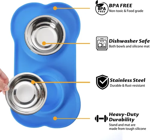 Miniatura 2 de Hubulk - Comedero doble de acero inoxidable con base de silicona antideslizante antiderrames y pala para alimento, para perros pequeños, medianos