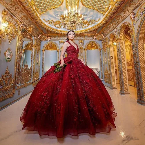 Miniatura 2 de Vestidos de quinceañera con cuello en V para mujer, vestido de baile de tul brillante 3D, apliques de flores dulces 15 16, vestidos de fiesta