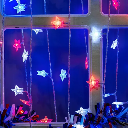 Miniatura 4 de Luces solares rojas, blancas y azules, 4 de julio, tira de luces de estrella decorativa con 100 luces LED solares de jardín, 51 pies, impermeables