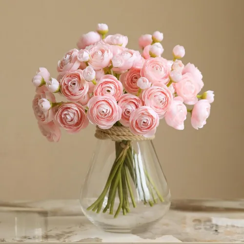ASTRYAS Ranunculus Flores artificiales, 18 piezas de seda sintética de color rubor, mini ranúnculo, flores falsas para relleno de boda para ramos de
