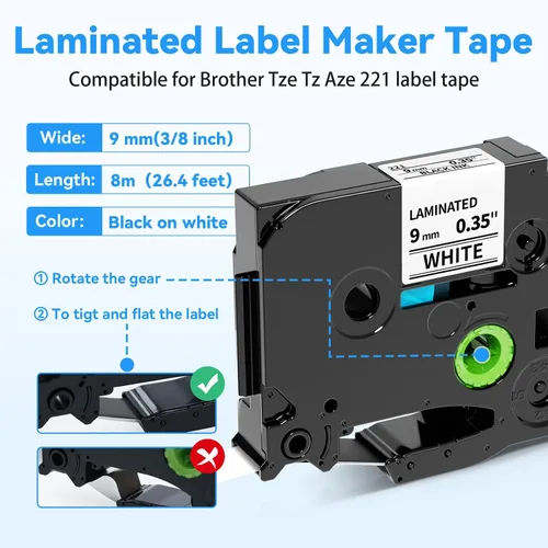 Miniatura 2 de Cinta para etiquetar de 0.354 in TZe-221 TZ Cinta de 0.354 in 0.35 laminada blanca Ptouch Cinta de reemplazo para Brother P-Touch TZe221 Trabaja