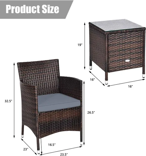 Miniatura 7 de RELAX4LIFE Juego de 3 muebles de patio con cojines extraíbles, juego de conversación de ratán al aire libre con mesa de centro cuadrada, juego de 3