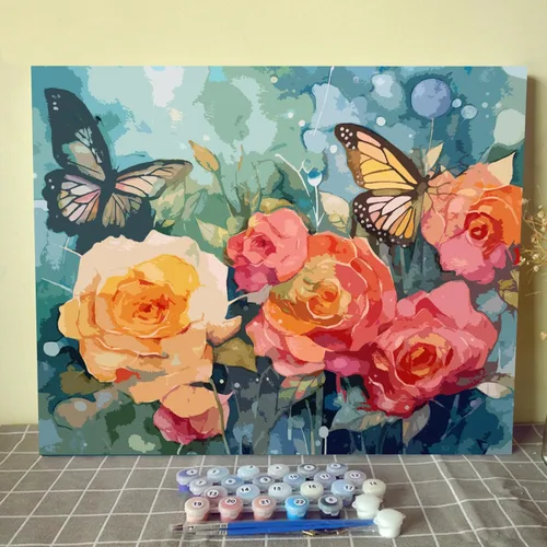 Miniatura 19 de Tucocoo Kits de pintura de paisaje de girasoles por números con pinceles y pigmento acrílico sobre lienzo para adultos, patrón de mariposas y flores