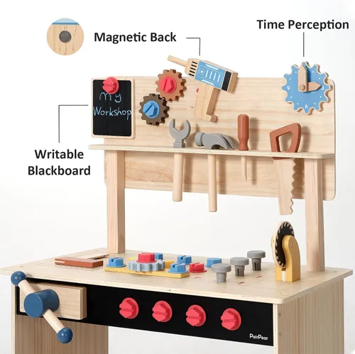 Miniatura 4 de PairPear - Banco de herramientas de madera para niños, banco de trabajo grande con juego de herramientas, juguete de taladro