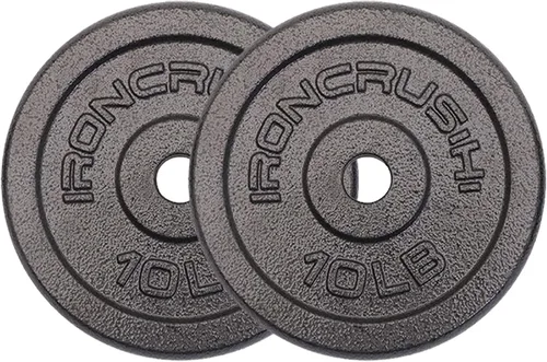 Placas de peso estándar de hierro fundido de 1 pulgada, acabado de tono martillo superior, rango más amplio de pesos de 1.25 a 50 libras. Ideal para