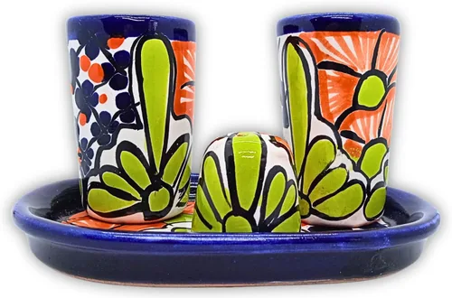 Miniatura 3 de Juego de vasos de chupito de tequila Talavera con bandeja y salero (juego de 2) - Diseño de flores verdes - Juego de regalo mexicano auténtico Flor