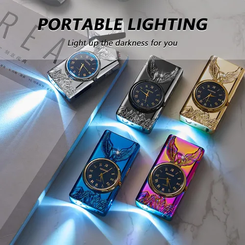 Miniatura 5 de BABOBIU Encendedor eléctrico recargable a prueba de viento USB con esfera de reloj y diseño de águila sin llama para camping, oficina en casa