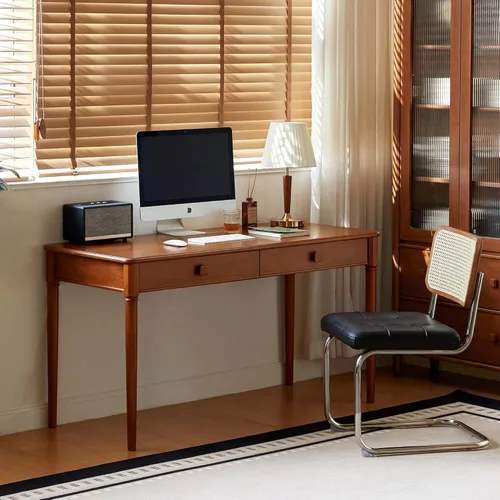 Miniatura 6 de YESWOOD Escritorio de madera maciza con cajones, escritorio de oficina moderno de mediados de siglo, escritorio de computadora con 2 cajones