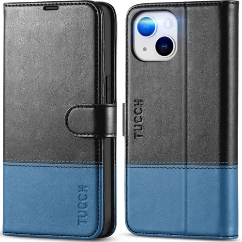 Miniatura 19 de TUCCH Funda tipo billetera para iPhone 14, [Bloqueo RFID] [4 ranuras para tarjetas] Funda protectora interior de TPU, funda abatible magnética