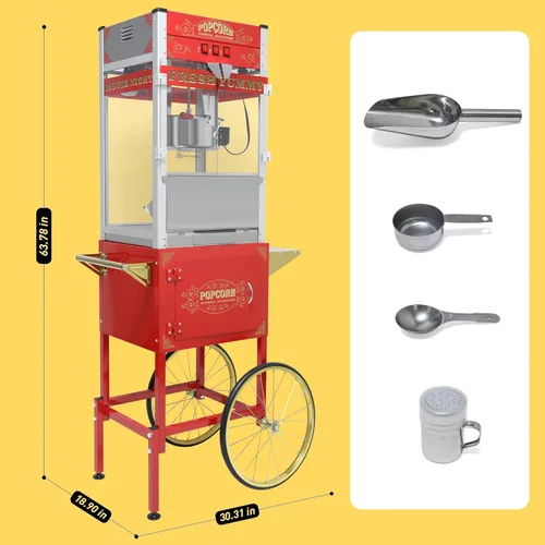 Miniatura 8 de Máquina comercial de palomitas de maíz con carrito y ruedas, máquina para hacer palomitas de maíz con hervidor de acero inoxidable de 22 onzas, Rojo