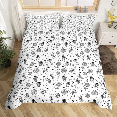 Miniatura 5 de Juego de ropa de cama tamaño individual, diseño de astronauta, diseño de galaxia, astronauta, reversible, universo, estrellas, funda de edredón