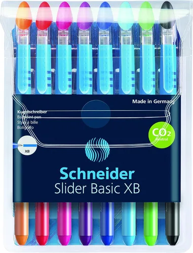 Schneider Slider Basic Bolígrafo de Punta de Bola, Tipo Bastón, Extra-Grueso 1.4 MM, Colores Surtidos de Tinta y Cuerpo, Paquete de 8