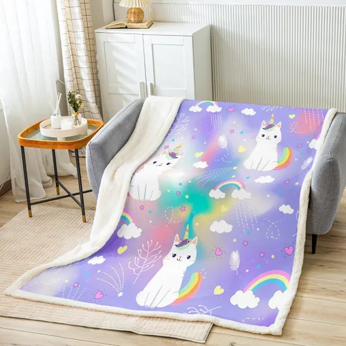 Manfei Manta de unicornio Kitten Kawaii con diseño de gato y unicornio para sofá, nubes arcoíris, estrellas, corazones, manta de cama para niños y