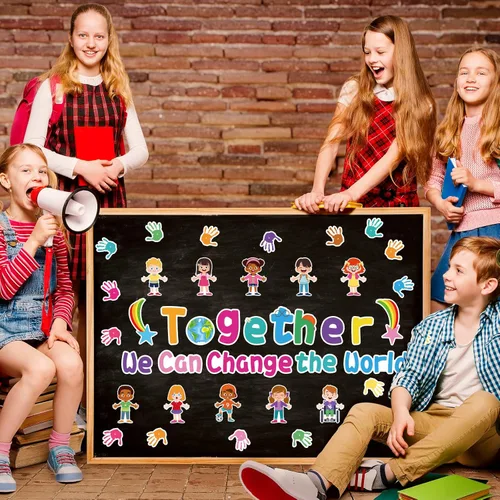 Miniatura 6 de Juntos Podemos Cambiar el Mundo - Juego de Tableros de Anuncios para el Aula, Decoraciones de Regreso a la Escuela, Tablero de Anuncios Manos