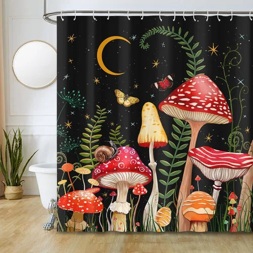Miniatura 22 de Juego de cortinas de ducha con diseño de hongos y mariposas florales negras y rojas, tela impermeable, cortinas de ducha para baño, decoración