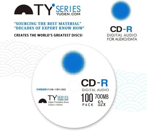 Miniatura 5 de TY Series Blue CD-R 52X 700MB Music Digital Audio White Inkjet Hub Disco de medios grabables imprimible – Paquete de 50 cajas para pasteles