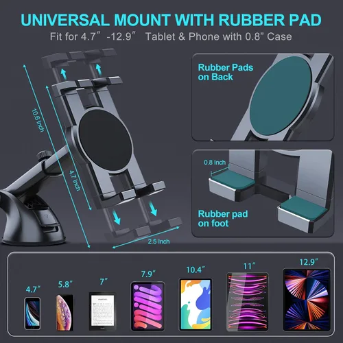 Miniatura 3 de Vadaxx Soporte para tablet de automóvil y parabrisas, soporte giratorio de 360° para iPad Pro 12.9/11/10.5/Air/Mini 6/5/4, Galaxy Tab, iPhone 16/15
