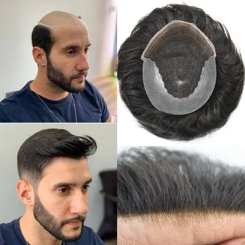 Miniatura 18 de Toupee para hombres, sistema de reemplazo de cabello humano Remy, nudos blanqueados, encaje frontal, piel fina, para hombre, color gris, pelucas