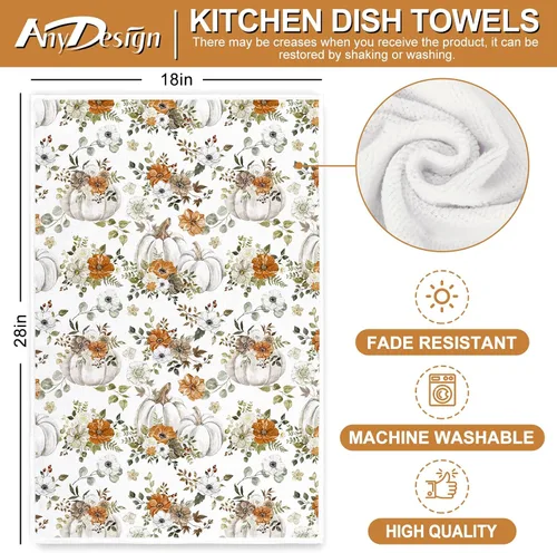 Miniatura 2 de AnyDesign Toalla de cocina de otoño de 18 x 28 pulgadas, acuarela, calabazas blancas, hojas, paño de cocina decorativo de otoño para secado de manos