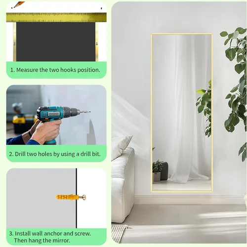 Miniatura 8 de Sunniry Espejo de suelo dorado de 48 x 16 pulgadas, espejo de cuerpo completo con marco de metal de aluminio, espejos de piso para guardería