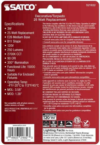 Miniatura 3 de Satco 21832-3B11/LED/927/CL/120V/E26/2CD Decorativa (S21832) Bombilla LED de punta roma