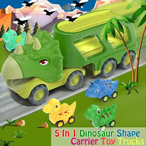 Miniatura 3 de Veslier Coche de Juguete de Dinosaurio para Niños de 3, 4 y 5 Años, Camión Transportador con Energía de Fricción con Pack de 4 Coches Pequeños