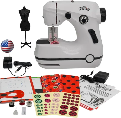 Miraculous Ladybug - Máquina de Coser Mini de Marinette para Principiantes y Niños, Máquina Portátil de Doble Velocidad con Tela de Miraculous,
