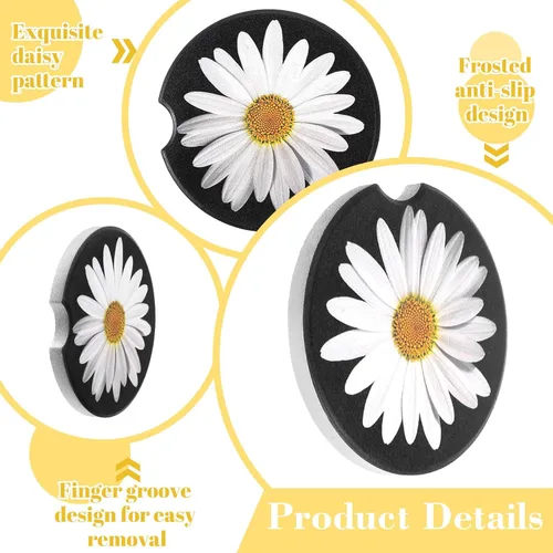 Miniatura 3 de 4 piezas de posavasos de automóvil con diseño de margaritas para portavasos, universales antideslizantes y absorbentes, lindos posavasos de cerámica