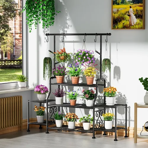 Miniatura 2 de GIOTORENT Soporte alto de metal para plantas de 3 niveles para interiores y exteriores, estante resistente para plantas para jardín, patio, balcón