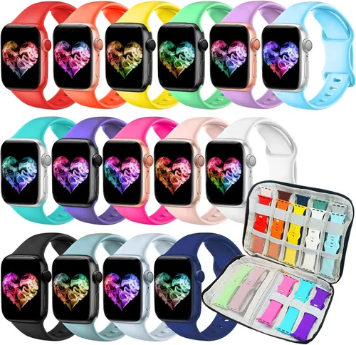 Paquete de 15 correas compatibles con Apple Watch de 38 mm, 40 mm, 41 mm, 42 mm, 44 mm, 45 mm, 46 mm, 49 mm, unisex, correa deportiva de silicona