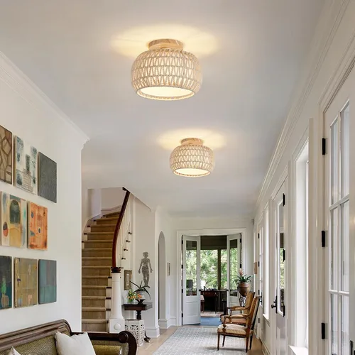 Miniatura 6 de Lámpara de techo de ratán bohemio, 3 opciones de estilo, luces de techo de mimbre semiempotradas, accesorios de luz costera beige, candelabro