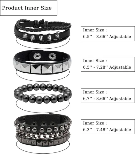 Miniatura 4 de Eigso Juego de 4 pulseras de cuero punk, con tachuelas de roca para hombres y mujeres, estilo retro, clásico, con pinchos, de metal, para hombre