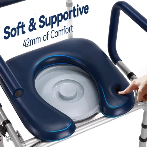 Miniatura 4 de Asiento sanitario plegable para el costado de la cama con brazo desplegable, inodoro con asiento acolchado y respaldo, capacidad de 136kg, cubo Azul