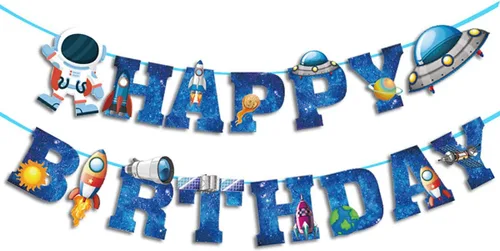 Cartel de feliz cumpleaños de astronauta de la nave espacial para niños, decoración de fiesta de cumpleaños, color azul