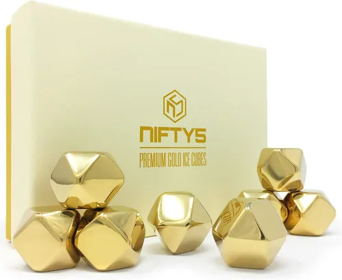 NIFTY5, piedras para whisky, edición dorada, paquete con 8 cubos de hielo, con forma de diamante, de acero inoxidable, piedras refrigerantes
