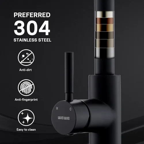 Miniatura 5 de WEWE Grifo de cocina negro, a prueba de fugas, con rociador extraíble, acero inoxidable comercial, de un solo agujero, grifo de fregadero de cocina
