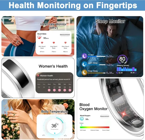 Miniatura 2 de uaue Anillo inteligente de salud para mujeres y hombres, alerta de vibración, control táctil, anillo de seguimiento de fitness con sueño/salud